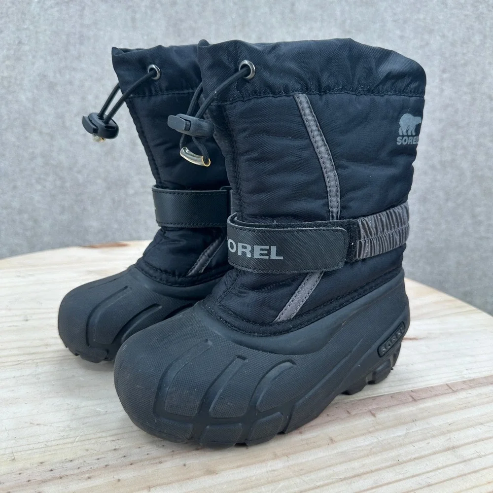 Sorel Flurry Winter Boots Kids 11 Black Gray Waterproof Insulated Snow Boots